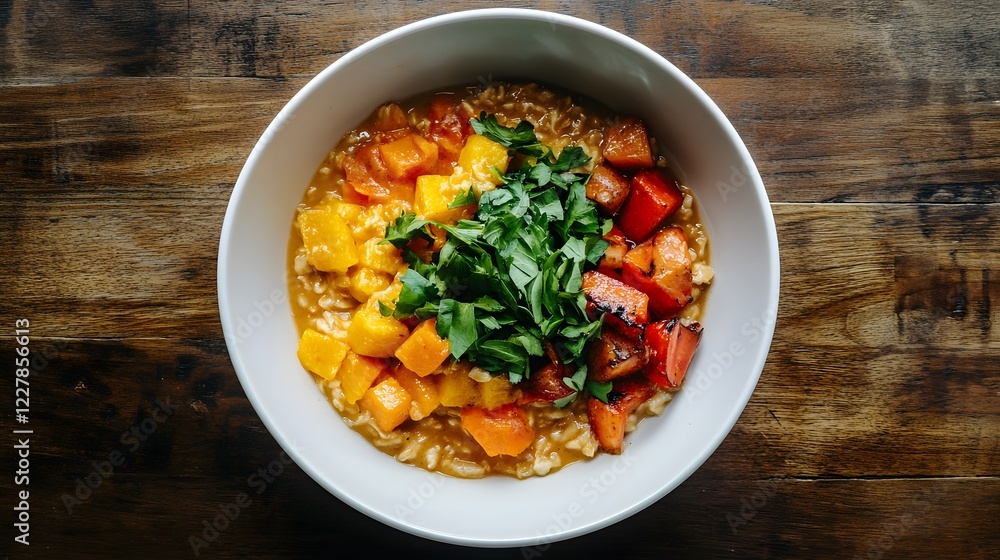 Oatmeal topped with fresh mango, strawberry, and greens in a bowl. Oatmeal topped with fresh mango, strawberry, and greens in a bowl.