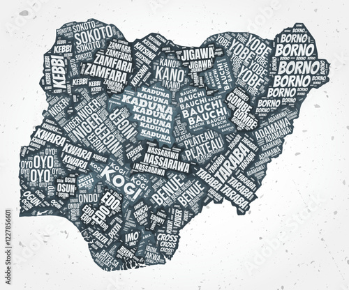 Nigeria regions word clouds. Country shape on textured background. Nigeria design in typographic style. Vibrant vector illustration.