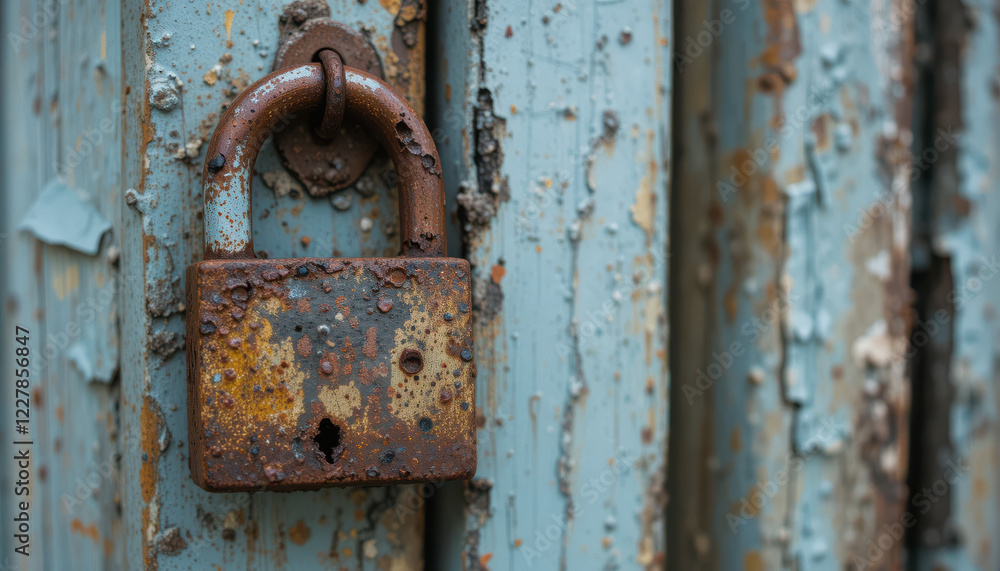 A rusty padlock on a weathered blue door. A rusty padlock on a weathered blue door.