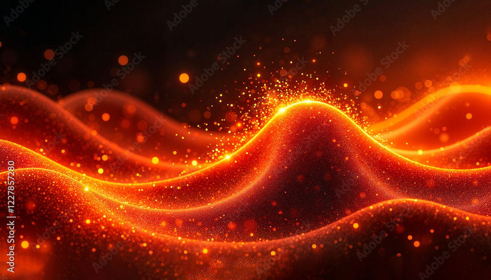 Fiery orange and red waves of particles in black void, digital energy Fiery orange and red waves of particles in black void, digital energy