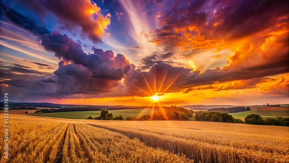 Obraz premium Dramatic Sunset God Rays over Czech Cornfield - Low Light Agriculture Photography