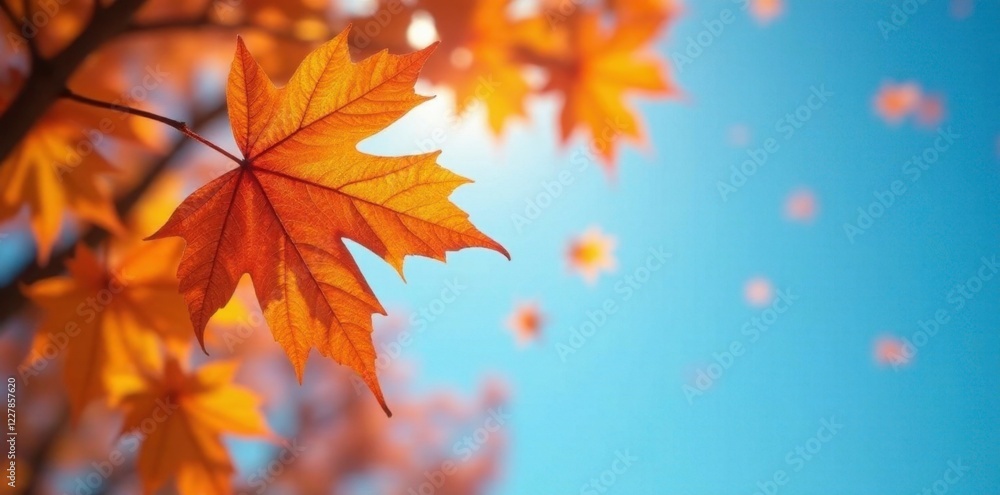 Soft focus of orange maple leaves falling from tree against bright blue sky, nature, leaves, color Soft focus of orange maple leaves falling from tree against bright blue sky, nature, leaves, color