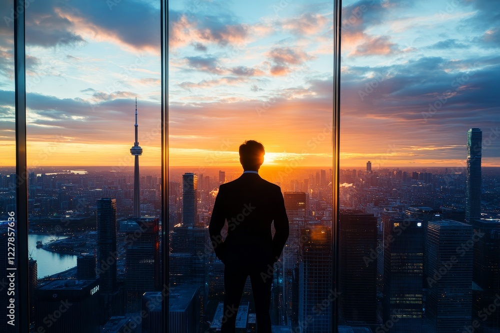 Fototapeta premium Silhouette of a businessman overlooking a cityscape at sunset.