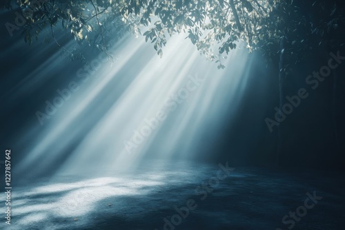 Sunlight filtering through trees creates a mystical atmosphere in a forest setting