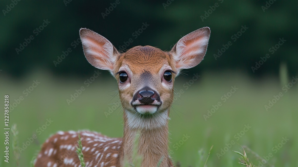 White-tailed fawn in meadow, summer. Wildlife photography for nature publications White-tailed fawn in meadow, summer. Wildlife photography for nature publications
