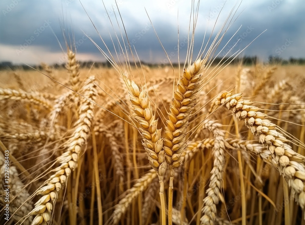 A picturesque golden wheat field gently sways beneath a blanket of clouds on a serene autumn afternoon in the countryside A picturesque golden wheat field gently sways beneath a blanket of clouds on a serene autumn afternoon in the countryside