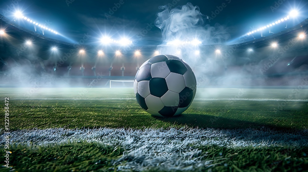 Fototapeta premium Soccer ball on the green field of stadium with bright spotlights