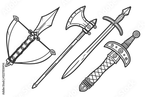 Medieval weapons, hand-drawn illustrations, black and white sketches, swords, axes, bows, arrows, daggers, fantasy armory, intricate details, vintage style, sharp edges, ornate hilts, battle-ready, an