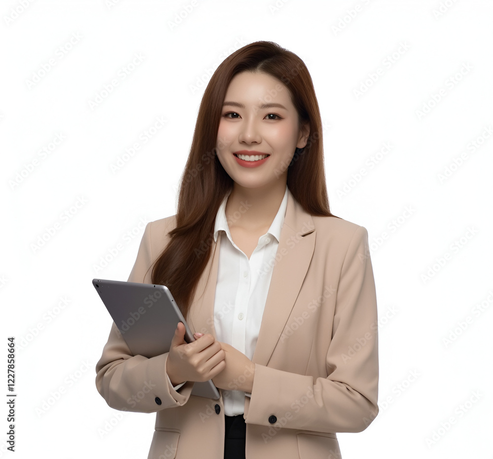 Professional Asian woman, business attire, beige blazer, white blouse, long dark hair, holding tablet, cheerful smile, confident pose, office setting, clean background, studio lighting, corporate port Professional Asian woman, business attire, beige blazer, white blouse, long dark hair, holding tablet, cheerful smile, confident pose, office setting, clean background, studio lighting, corporate port