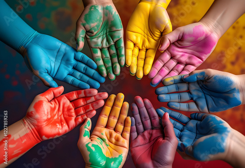 Hands of different colors painted in different ways. Colorful background. World Day for Cultural Diversity for Dialogue and Development.
