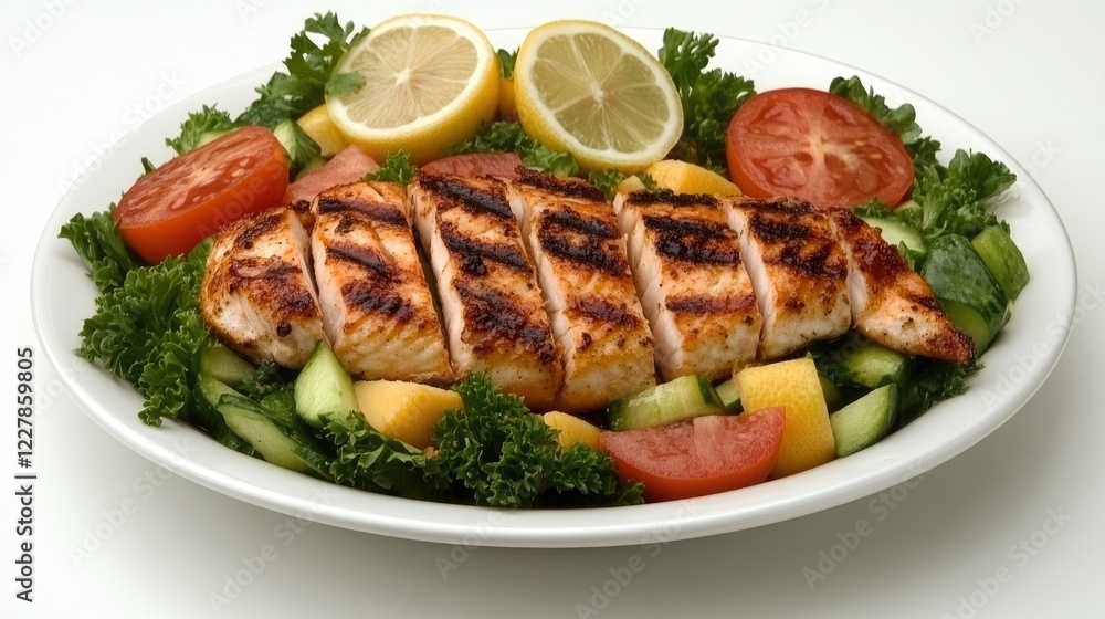 Delicious grilled chicken breast served with fresh vegetables and citrus garnishes for a healthy meal Delicious grilled chicken breast served with fresh vegetables and citrus garnishes for a healthy meal