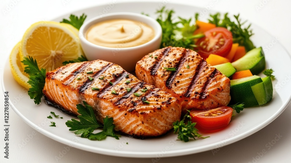 Grilled salmon fillets served with fresh vegetables and lemon slices on a white plate for a healthy meal Grilled salmon fillets served with fresh vegetables and lemon slices on a white plate for a healthy meal