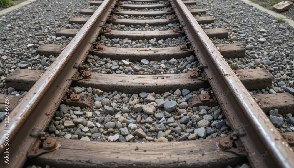 Naklejka premium Close-up view of railway tracks with gravel and wooden ties.