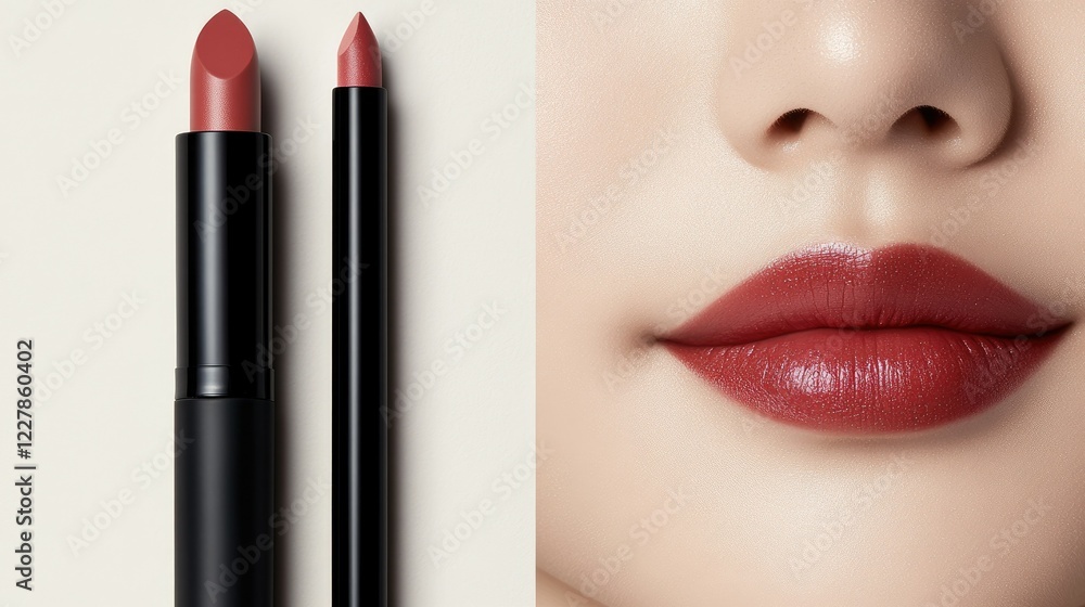 Obraz premium Two shades of lipstick beside a model’s lips showcasing a smooth, vibrant finish in modern makeup artistry