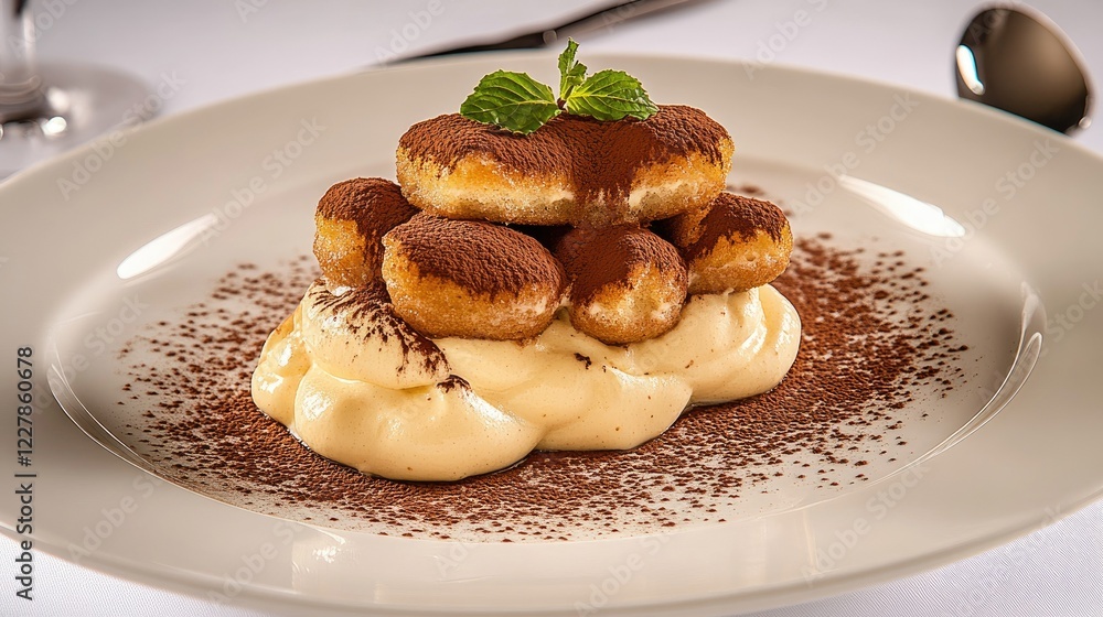 Delicious dessert featuring layers of creamy custard and cocoa-topped pastries served elegantly in a restaurant setting Delicious dessert featuring layers of creamy custard and cocoa-topped pastries served elegantly in a restaurant setting