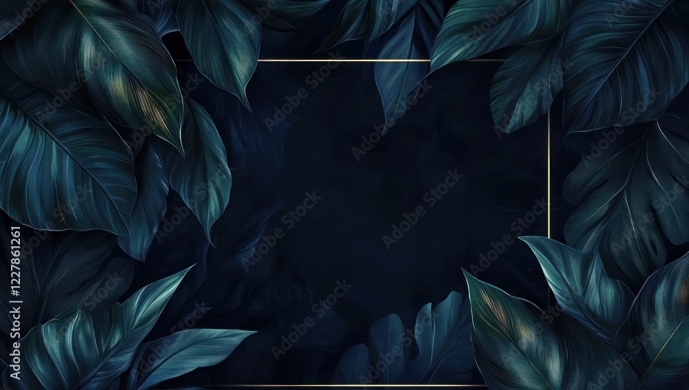 Fototapeta premium Dark Lush Tropical Leaves Background with Golden Frame