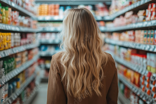 A woman shopping in a supermarket, taking into account nutritional values, prices and composition, demonstrating conscious consumer behavior. photo