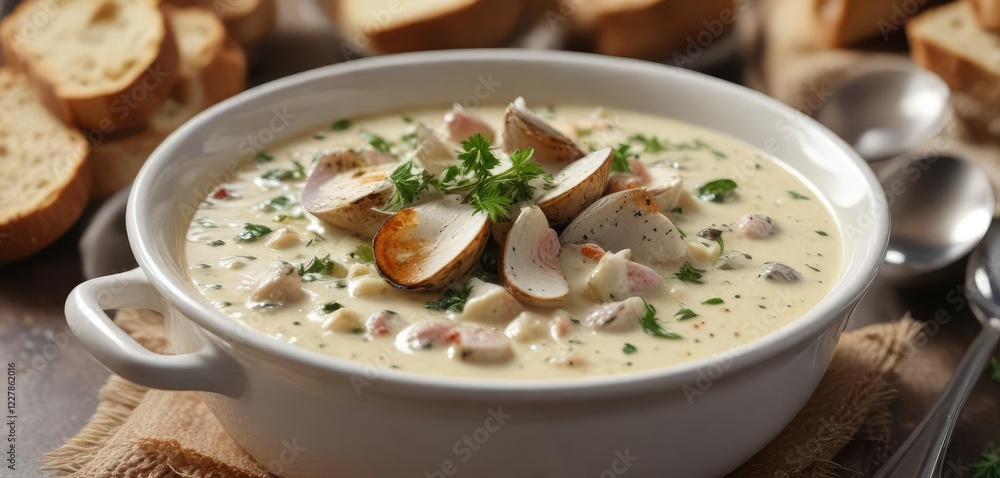 Bowl of warm clam chowder with crusty bread and a sprinkle of parsley , warm soup, comfort food Bowl of warm clam chowder with crusty bread and a sprinkle of parsley , warm soup, comfort food