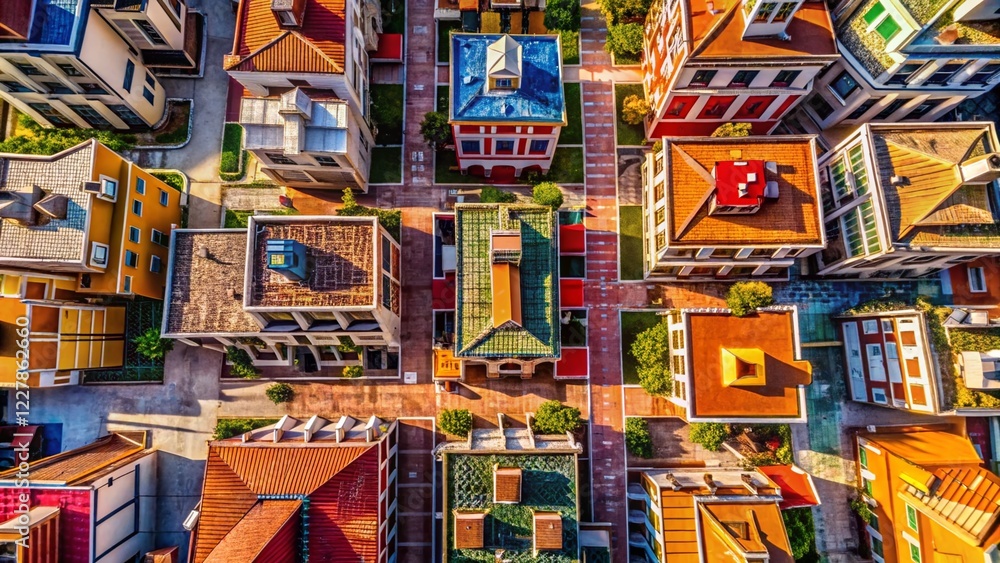 Naklejka premium Drone View: Modern Exterior Wall Architecture, Textured Flooring Backgrounds