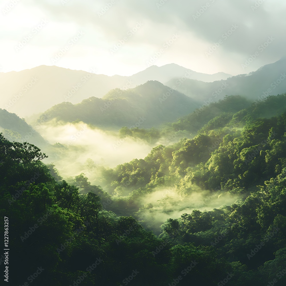 Obraz premium Beautiful mountain landscape with mist gently floating above thick trees
