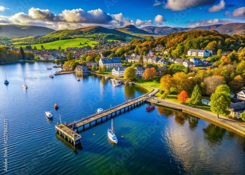 Drone View of Waterhead Pier, Ambleside, Windermere Lake, Lake District, England photo