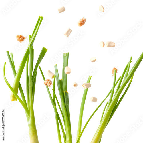 photography of LEEKS falling from the sky, hyperpop colour scheme. glossy, white background Fresh green leek stems isolated on white background. photo