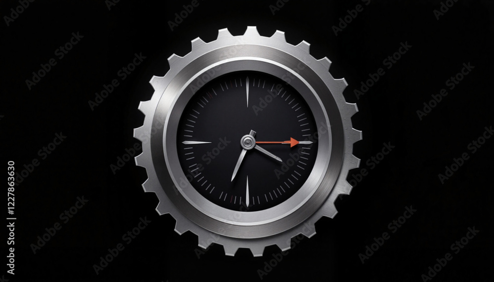 Futuristic gear clock design with chrome texture on black background, time concept Futuristic gear clock design with chrome texture on black background, time concept