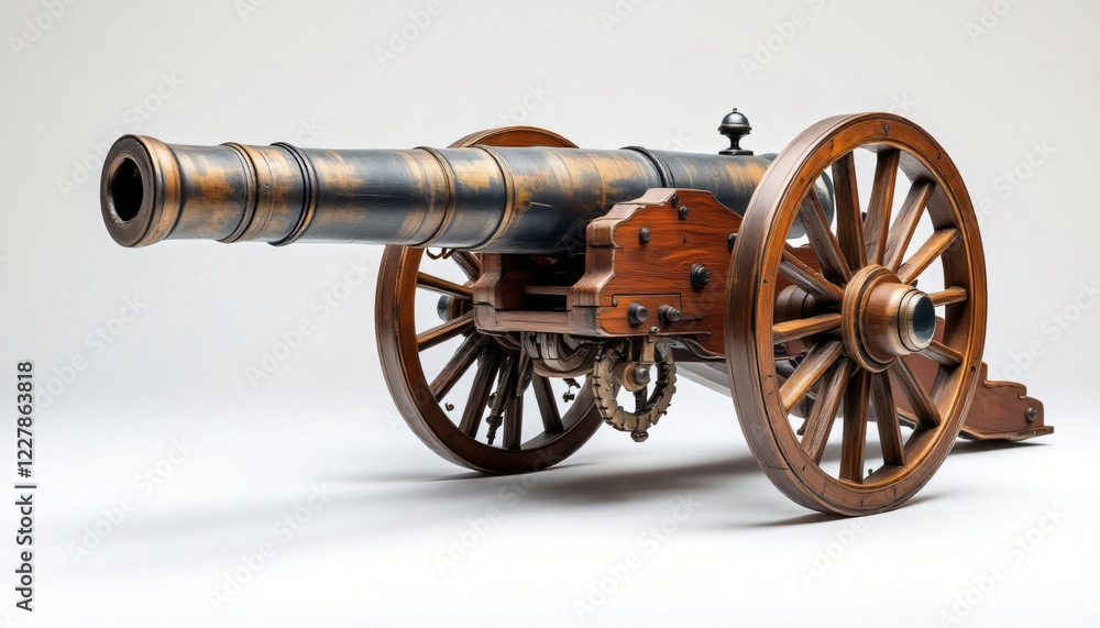 A meticulously crafted model of an antique cannon, showcasing intricate details of its bronze barrel, wooden carriage, and wheels A meticulously crafted model of an antique cannon, showcasing intricate details of its bronze barrel, wooden carriage, and wheels