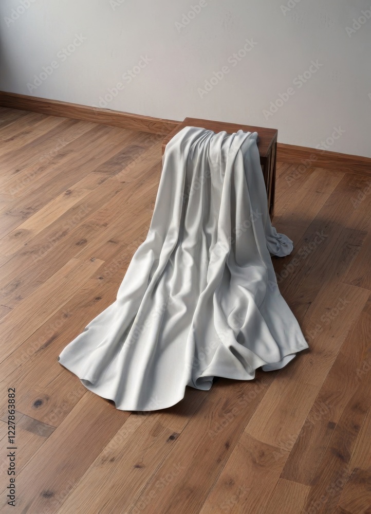 Obraz premium Minimalist clothing draped over a wooden floor , abstract background, fashion brand stock photos