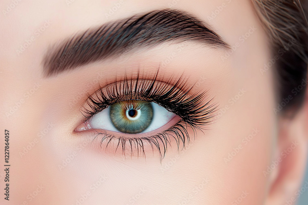 Close-up of long eyelash extensions and neat eyebrows. Eyelash extension concept Close-up of long eyelash extensions and neat eyebrows. Eyelash extension concept