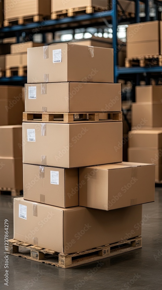 Stacked cardboard boxes on a wooden pallet in a warehouse during daylight hours, showcasing efficient storage solutions for logistics operations Stacked cardboard boxes on a wooden pallet in a warehouse during daylight hours, showcasing efficient storage solutions for logistics operations