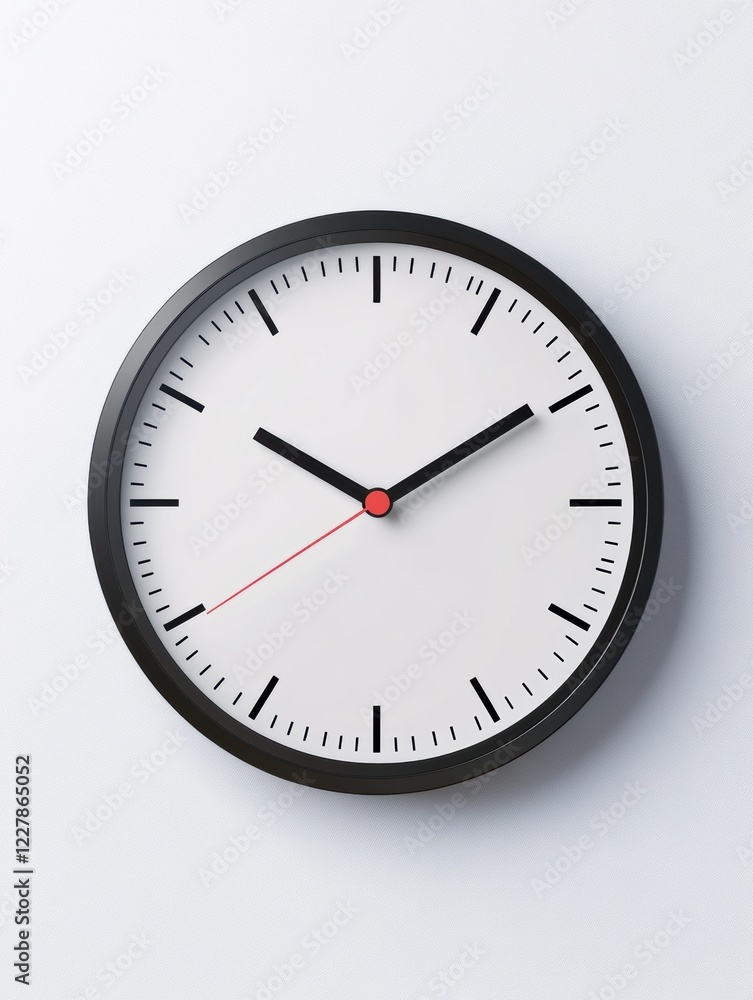Modern wall clock displaying time with minimalist design and contrasting colors on a white background. Generative AI Modern wall clock displaying time with minimalist design and contrasting colors on a white background. Generative AI