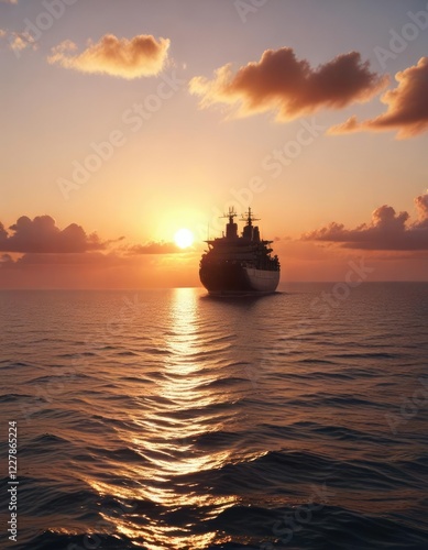 Ship sailing away on the horizon during sunset, horizon, sailboat