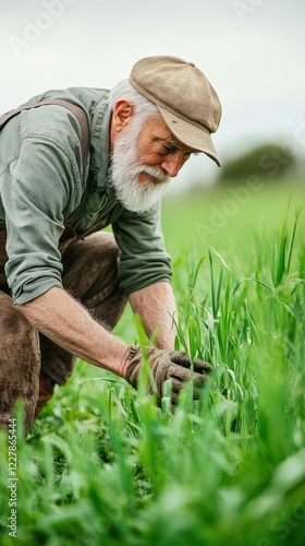 Senior Farmer Examining Crops in Lush Field photo