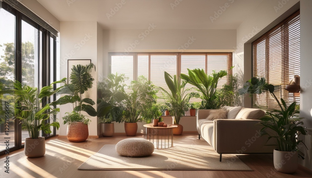 Fototapeta premium modern interior design features indoor plants and natural light in a spacious room