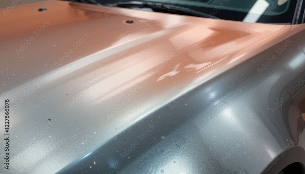 Fototapeta premium Close-up of a car hood showing a metallic paint finish.