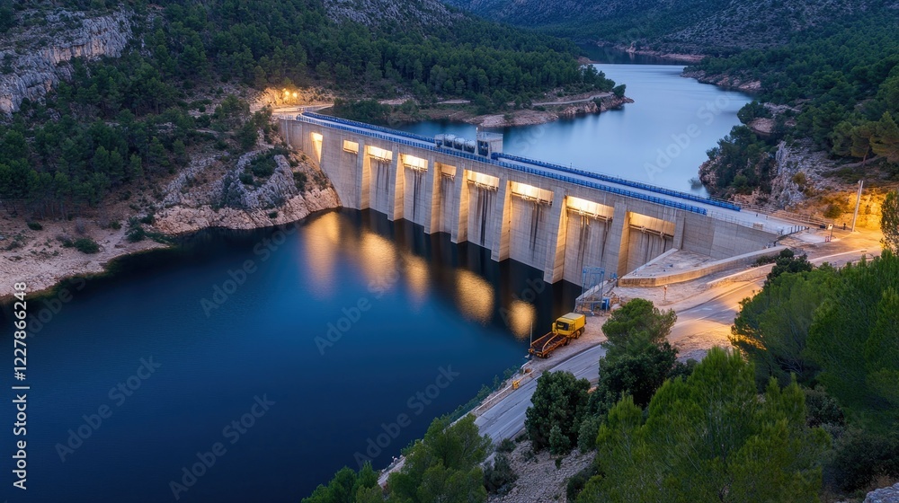As the dawn breaks, the tranquil water reservoir mirrors the soft glow of lights and the beauty of nature, nestled amid majestic mountains As the dawn breaks, the tranquil water reservoir mirrors the soft glow of lights and the beauty of nature, nestled amid majestic mountains