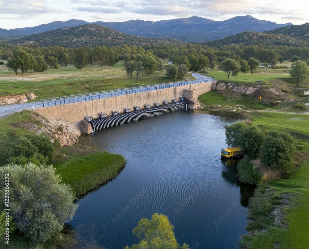 Bridge over a serene lake with a yellow vehicle parked nearby, surrounded by lush greenery and mountains in the background during late afternoon Bridge over a serene lake with a yellow vehicle parked nearby, surrounded by lush greenery and mountains in the background during late afternoon