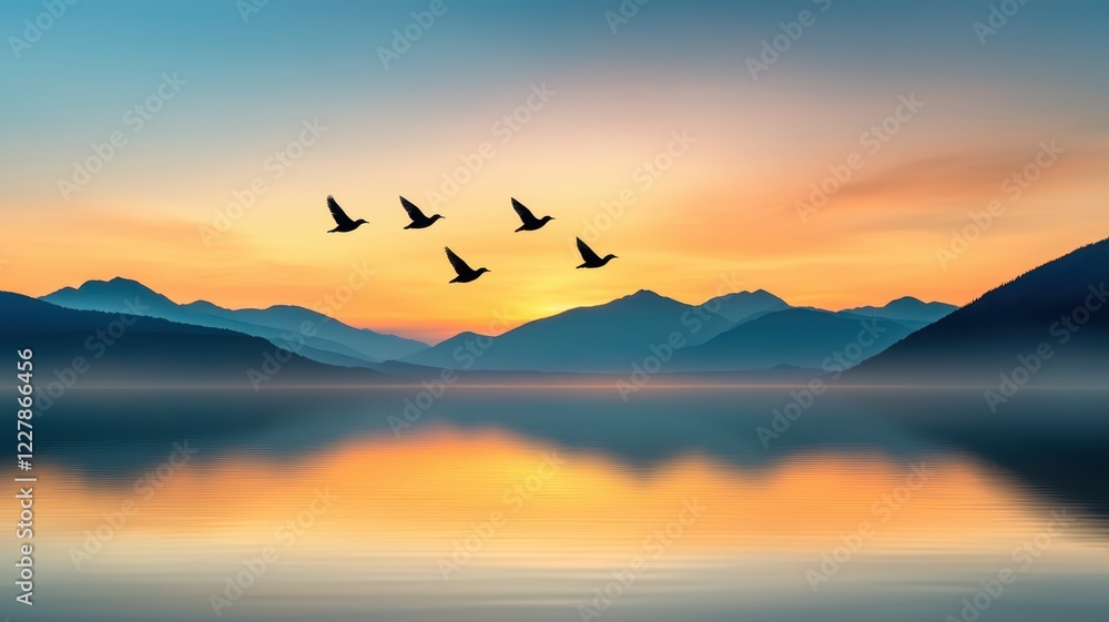 Fototapeta premium Flock of birds flying over calm lake at sunset gigapixel image serene nature scene peaceful environment