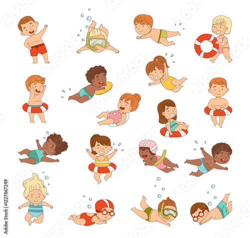 Children Swimming in Pool and Sea Water Splashing Vector Set