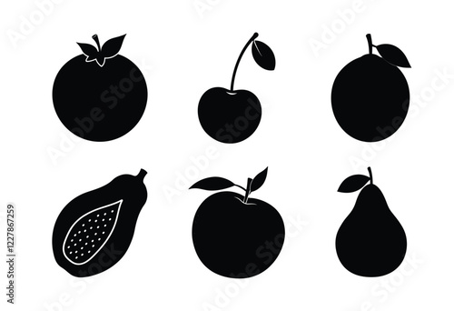 Fruit Food Silhouette Collection, Orange, Apple, Grasp Vector art collection, healthy food vector silhouette, Green Vector. sweet vector, Fruits Icon.