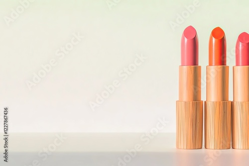 close-up of eco-friendly lipsticks with bamboo cases lined up neatly on clean white table under diffused lighting photo