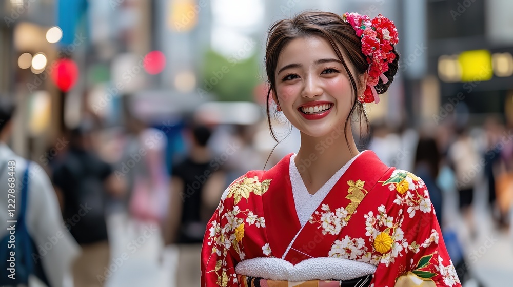 smiling pretty Japanese woman wearing traditional Kimonos background at city street smiling pretty Japanese woman wearing traditional Kimonos background at city street