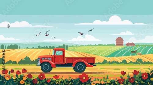 Modern Agriculture Farm Truck Flat Vector Illustration