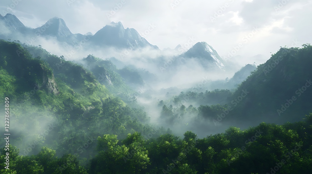 Obraz premium Quiet mountain landscape with mist floating above dense green forests