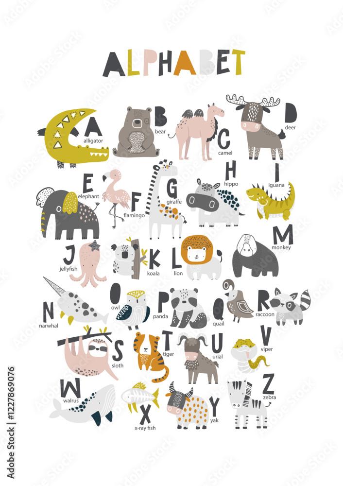 Vector illustration of alphabet for kids with animals. Childrens funny ABC for preschool, kindergarten learning, reading. Learn letters from a to z with animal theme. Kids poster. Scandinavian. Vector illustration of alphabet for kids with animals. Childrens funny ABC for preschool, kindergarten learning, reading. Learn letters from a to z with animal theme. Kids poster. Scandinavian.