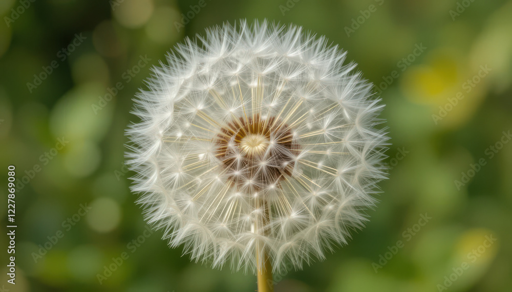 Fototapeta premium Close-up of a dandelion puffball against a blurred green background.