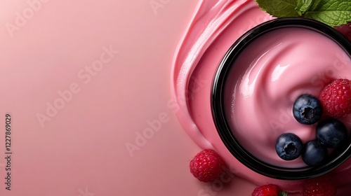 Delicious Pink Yogurt with Raspberries and Blueberries photo