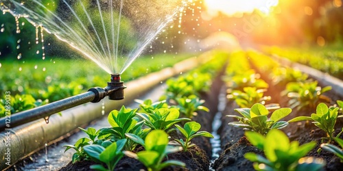 Efficient Drip Irrigation System for Lush Green Crops - Stock Photo