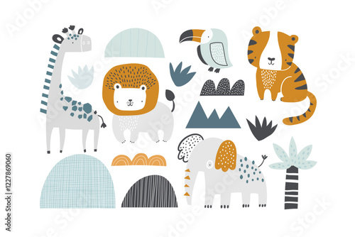 Vector illustration of cute African animals. Giraffe, lion, tiger, toucan, elephant. Landscape elements: mountains, hills, palm tree, tropical leaves. Jungle. Safari. Illustration for children.